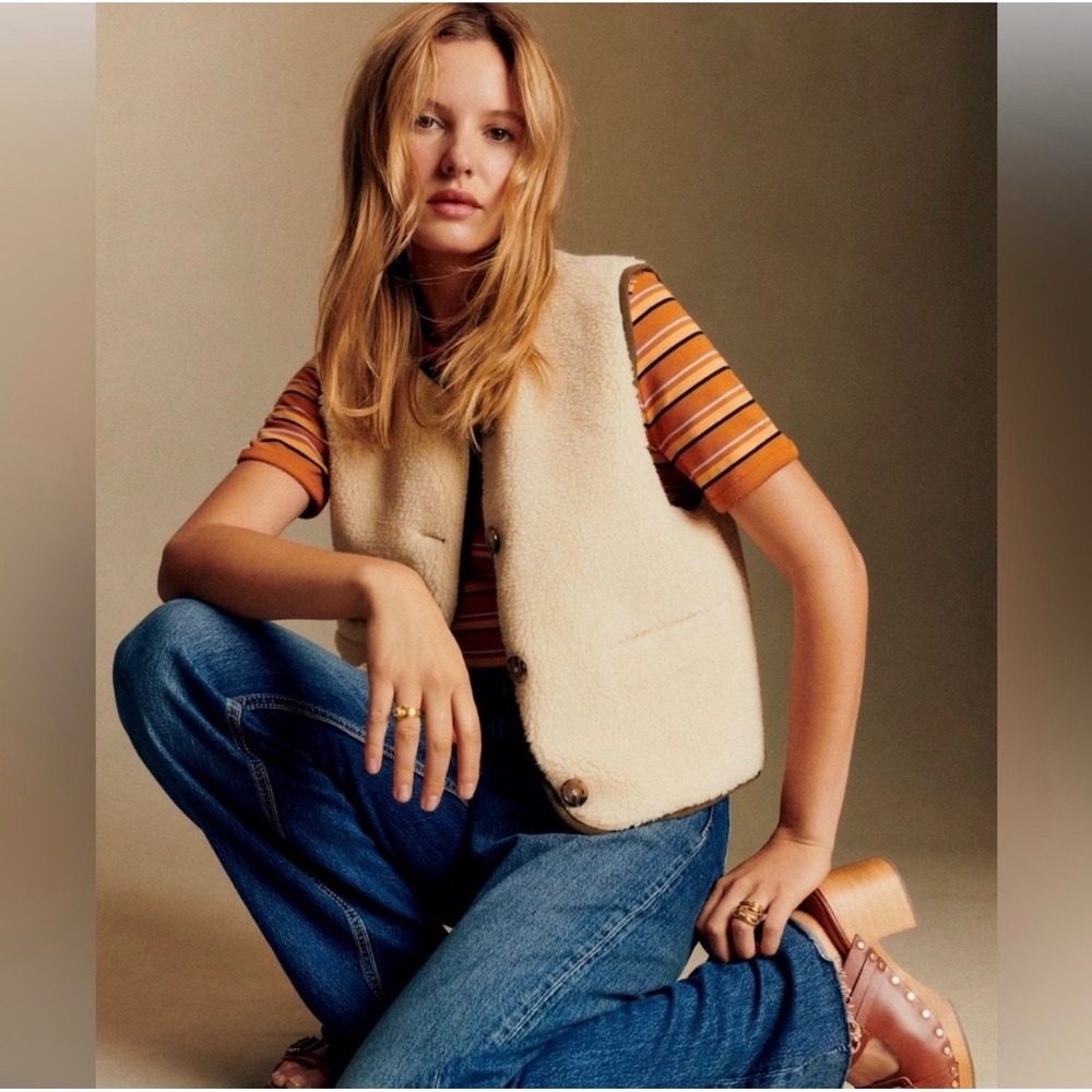 Sezane Willa Vest Women 34 Cream Faux Fur Shearling Quilted Trim Excellent